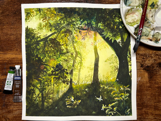 The artwork titled "Butterfly Forest" captures a breathtaking scene within a vibrant, lush forest. Sunlight filters gently through the thick canopy of branches and leaves, casting a warm glow on the forest floor. This illumination reveals a tapestry of delicate butterflies fluttering about.