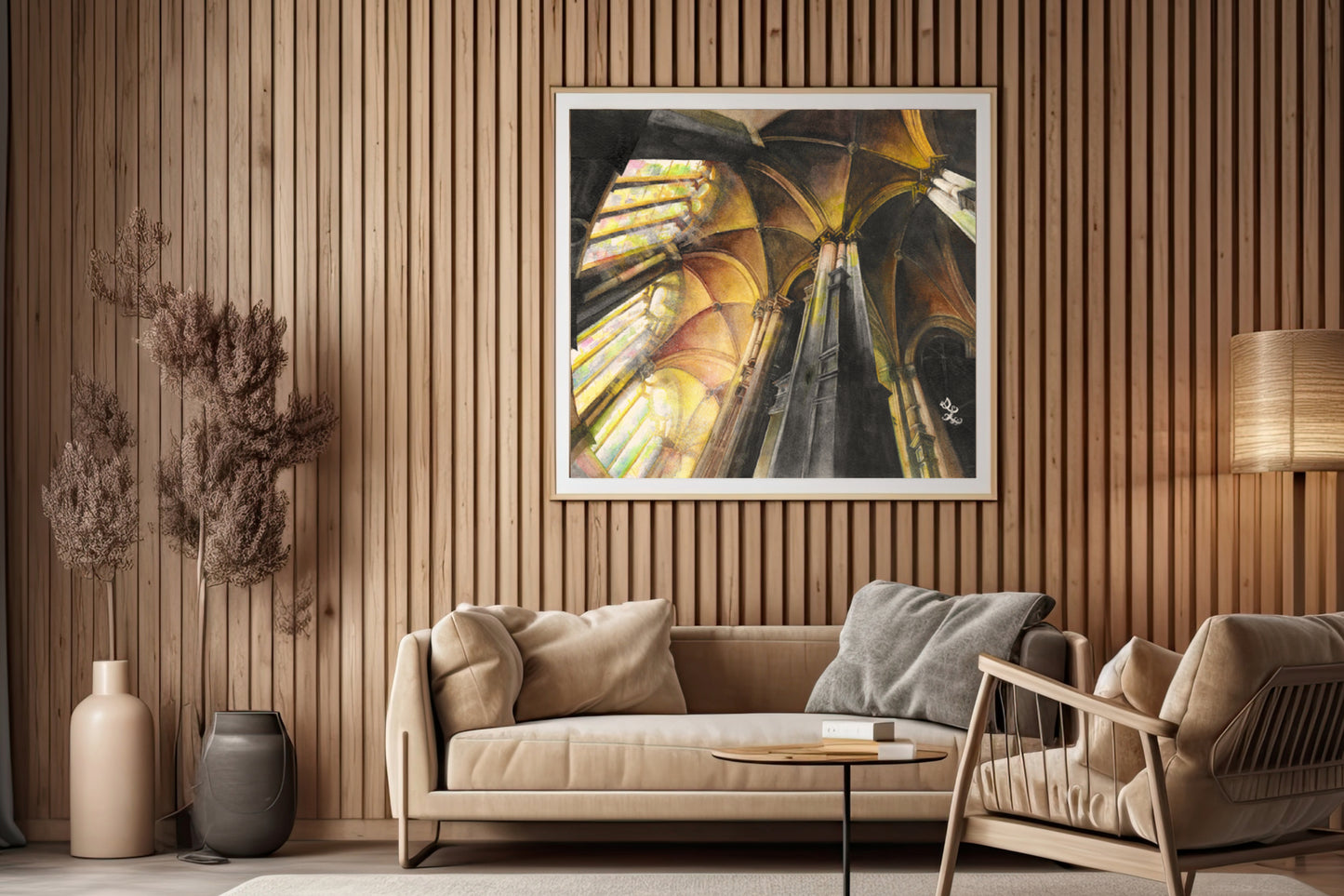 The artwork titled "Glory" captures the striking and intricate architecture of a medieval Gothic cathedral. Majestic spires and detailed stonework rise toward the sky, while vibrant light filters through the colorful stained glass windows, casting a kaleidoscope of hues across the interior. This interplay of architecture and light creates an awe-inspiring atmosphere, evoking a sense of reverence and wonder within the sacred space.