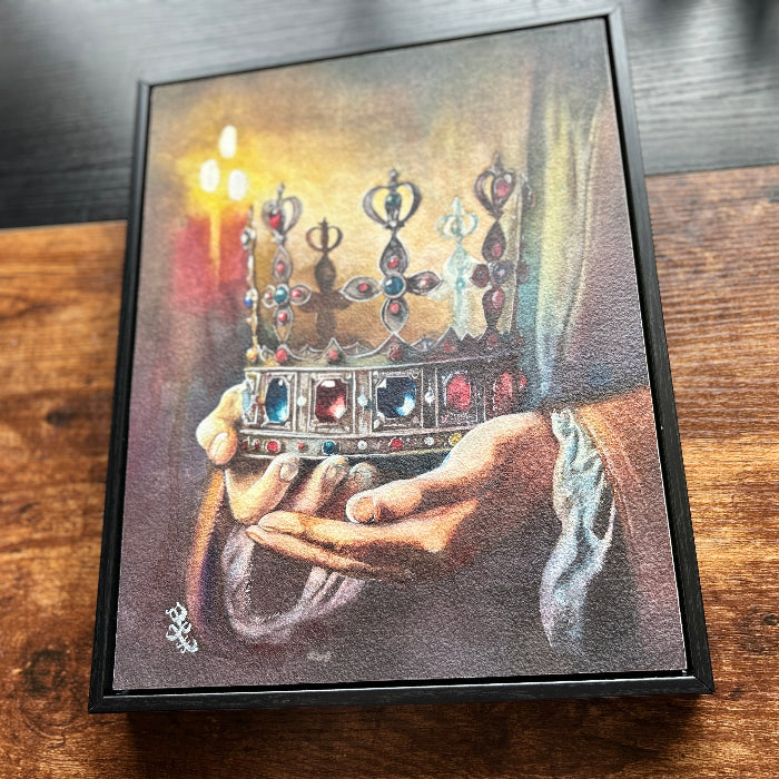 The artwork titled "Reign" vividly captures a medieval scene, immersing the viewer in an aura of intrigue and majesty. At the center of the composition lies a stunning jeweled crown, intricately designed and glimmering with the brilliance of precious stones, each facet reflecting the light in a dazzling display. This crown serves as a powerful symbol of sovereign authority, embodying the weight of leadership and the ultimate command to govern. Watercolor painting by Sophie Xie Dream In Watercolor