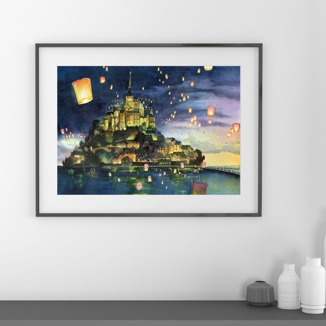 Mont Saint Michel Castle at night with floating lanterns over a body of water. Watercolor painting by Sophie Xie Dream In Watercolor. This stunning painting is available as a print on my website, http://www.dreaminwatercolor.com