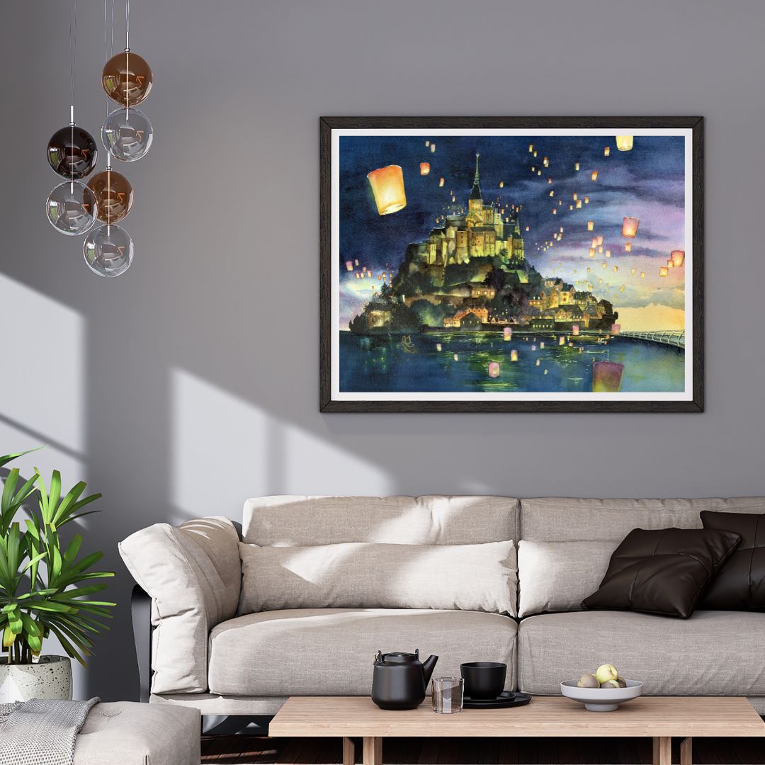 Mont Saint Michel Castle at night with floating lanterns over a body of water. Watercolor painting by Sophie Xie Dream In Watercolor. This stunning painting is available as a print on my website, http://www.dreaminwatercolor.com