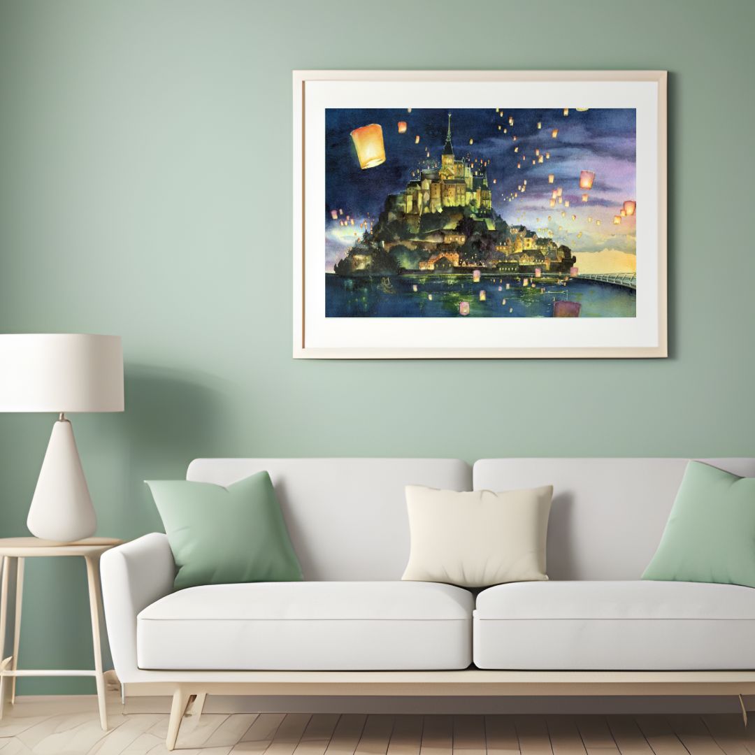 Mont Saint Michel Castle at night with floating lanterns over a body of water. Watercolor painting by Sophie Xie Dream In Watercolor. This stunning painting is available as a print on my website, http://www.dreaminwatercolor.com
