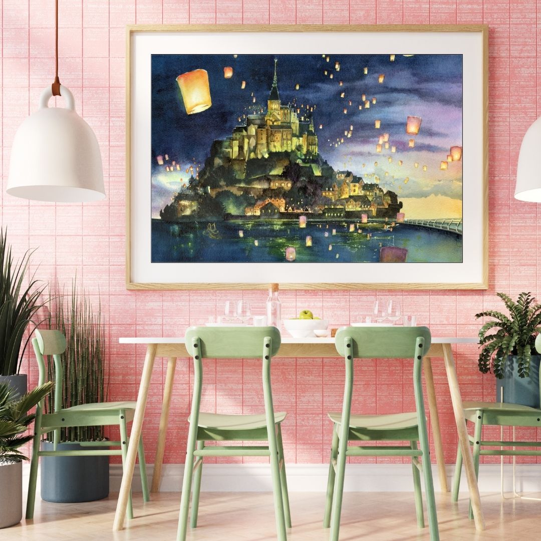 Mont Saint Michel Castle at night with floating lanterns over a body of water. Watercolor painting by Sophie Xie Dream In Watercolor. This stunning painting is available as a print on my website, http://www.dreaminwatercolor.com