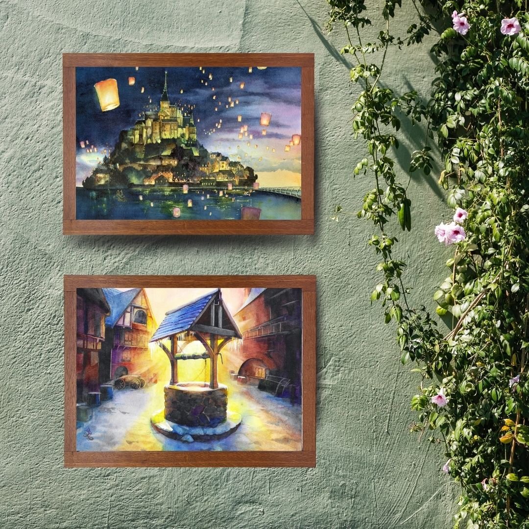 Mont Saint Michel Castle at night with floating lanterns over a body of water. Watercolor painting by Sophie Xie Dream In Watercolor. This stunning painting is available as a print on my website, http://www.dreaminwatercolor.com