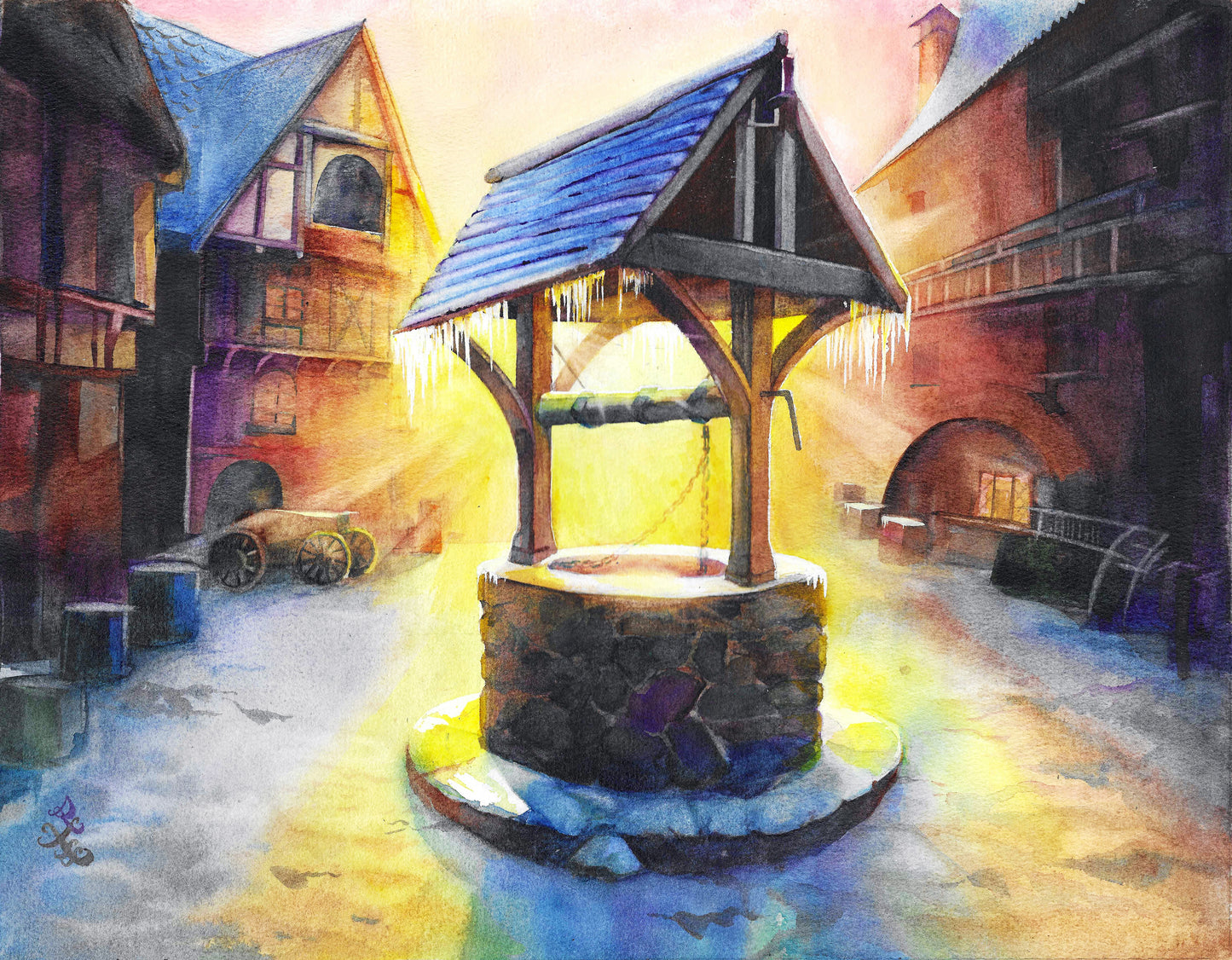 The piece titled "Morning" beautifully captures the hopeful sunrise casting a warm golden glow over a quaint medieval town square. As the first rays of sunlight break through the horizon, they illuminate the frosted rooftops and create a shimmering effect on the snow, evoking a sense of tranquility and new beginnings on this wintry morning.