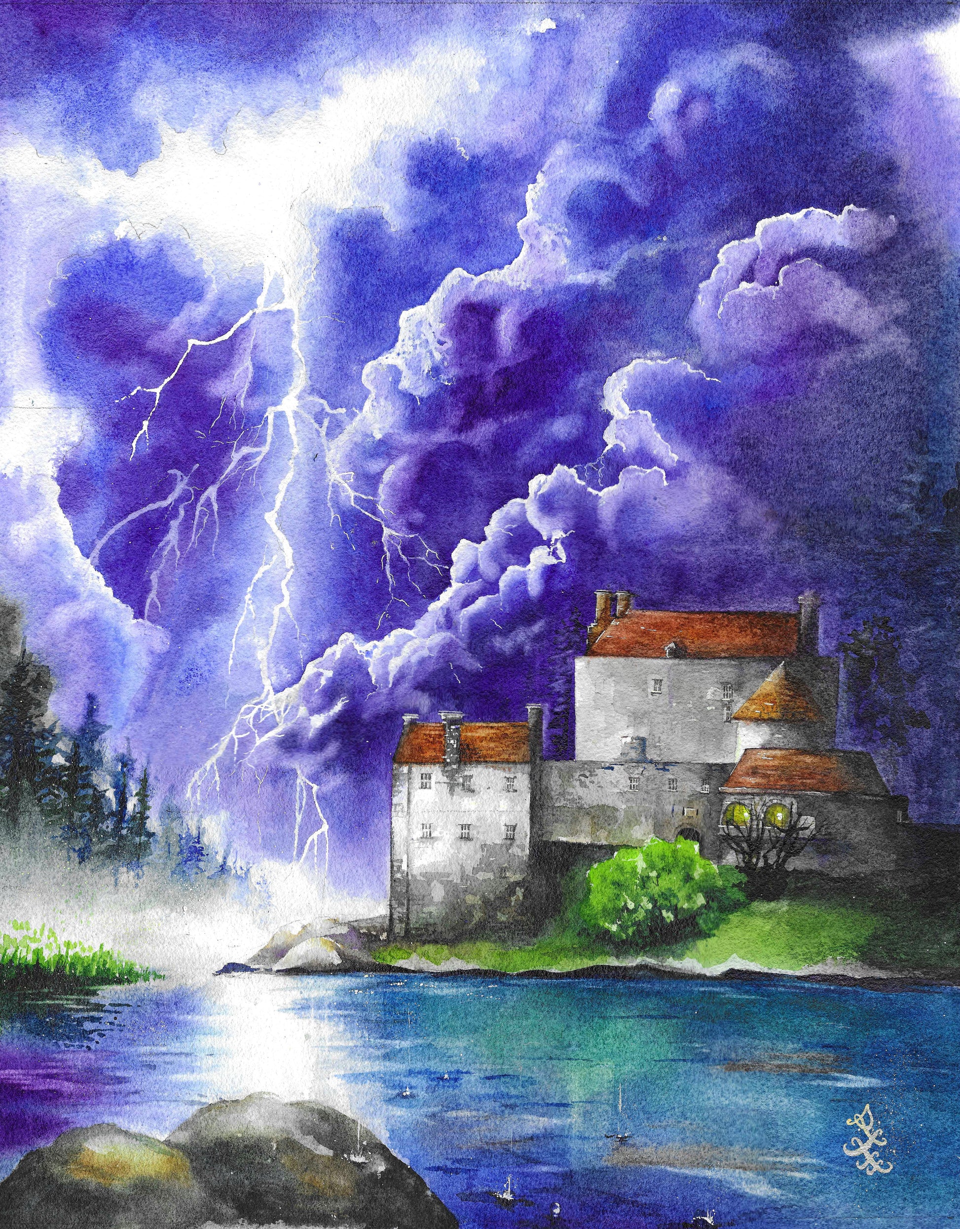 The artwork titled "Storm" vividly captures a medieval castle perched on the shores of a dark lake, as ominous storm clouds gather overhead. The scene is further intensified by streaks of bright lightning that cleave through the sky, illuminating the castle's stone walls. The atmosphere is charged with a sense of drama and power, reflecting the raw forces of nature at play.