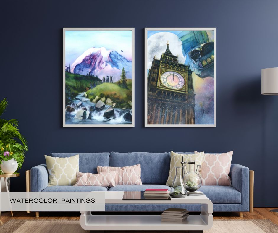 Two watercolor paintings on a wall above a blue sofa with decorative Watercolor painting medieval story Watercolor painting by Sophie Xie Dream In Watercolor This stunning painting is available as a print on my website, http://www.dreaminwatercolor.com