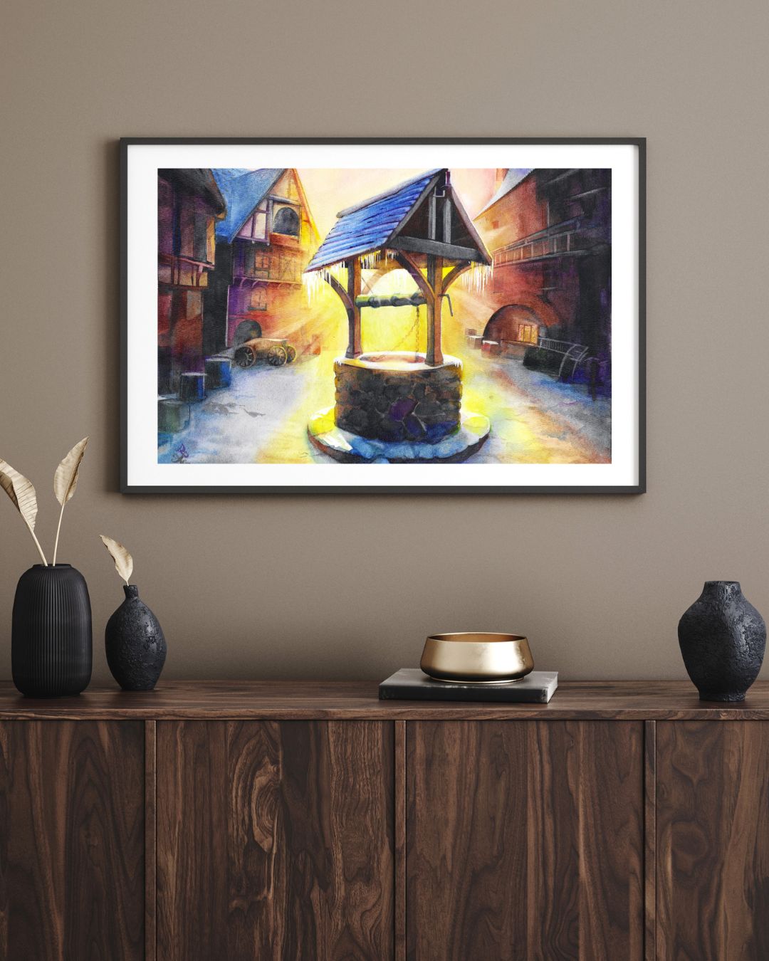 The piece titled "Morning" beautifully captures the hopeful sunrise casting a warm golden glow over a quaint medieval town square. As the first rays of sunlight break through the horizon, they illuminate the frosted rooftops and create a shimmering effect on the snow, evoking a sense of tranquility and new beginnings on this wintry morning.
