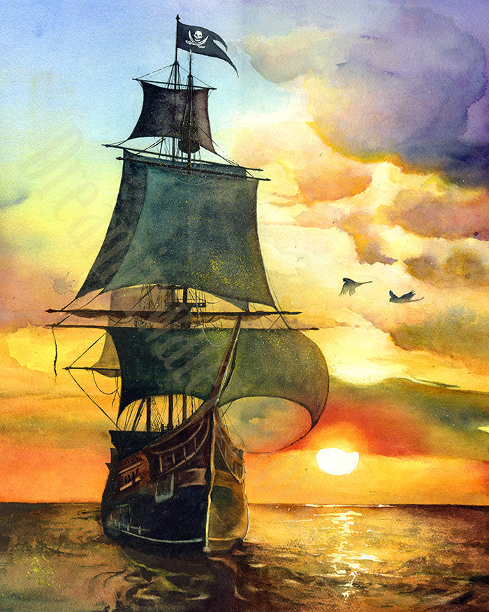 The artwork titled "Sail Away" depicts a grand Spanish galleon, its majestic sails billowing in the warm, golden hues of a breathtaking sunset. The ship, adorned with the iconic pirate flag, cuts through the tranquil waters as it embarks on an adventurous journey. Watercolor painting by Sophie Xie Dream In Watercolor. This stunning painting is available as a print on my website, http://www.dreaminwatercolor.com