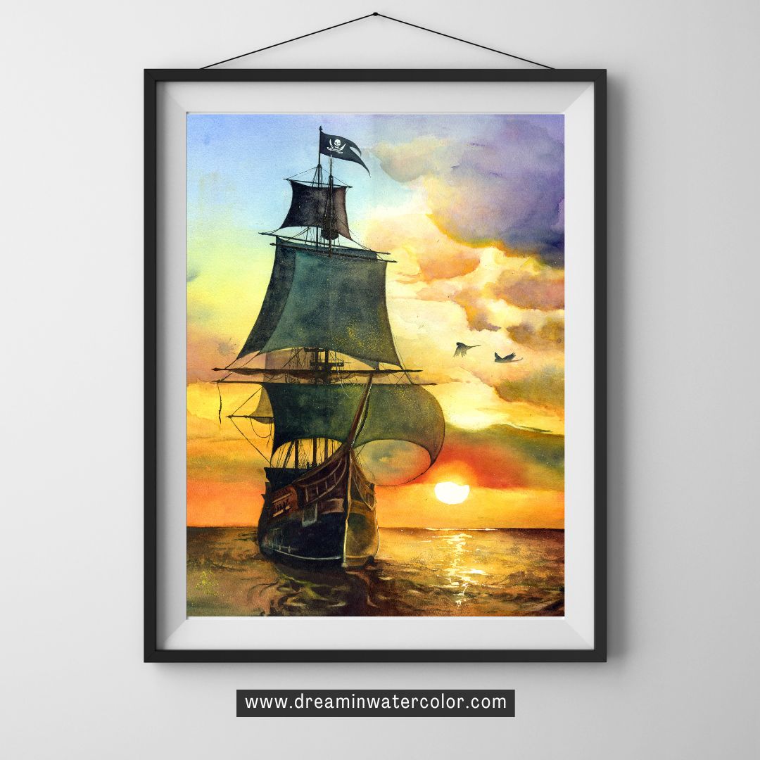 The artwork titled "Sail Away" depicts a grand Spanish galleon, its majestic sails billowing in the warm, golden hues of a breathtaking sunset. The ship, adorned with the iconic pirate flag, cuts through the tranquil waters as it embarks on an adventurous journey. Watercolor painting by Sophie Xie Dream In Watercolor. This stunning painting is available as a print on my website, http://www.dreaminwatercolor.com