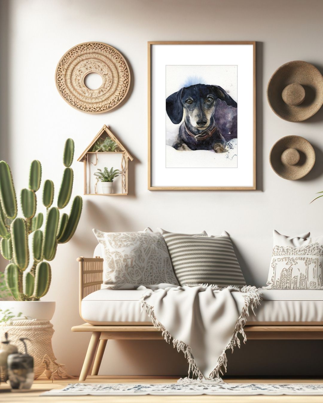 Living room with a dog portrait on the wall, cactus plant, and decorative items. Watercolor painting by Sophie Xie Dream In Watercolor. This stunning painting is available as a print on my website, http://www.dreaminwatercolor.com