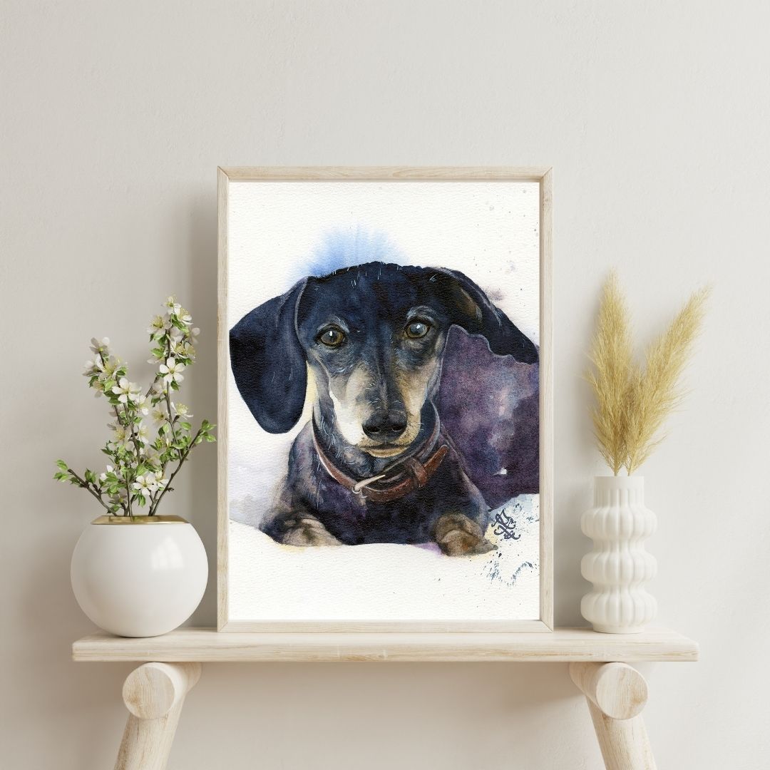 Framed artwork of a dachshund on a shelf with decorative plants. Watercolor painting by Sophie Xie Dream In Watercolor. This stunning painting is available as a print on my website, http://www.dreaminwatercolor.com