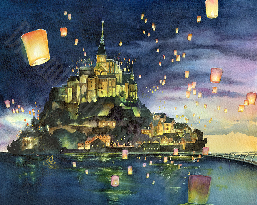 Mont Saint Michel Castle at night with floating lanterns over a body of water. Watercolor painting by Sophie Xie Dream In Watercolor. This stunning painting is available as a print on my website, http://www.dreaminwatercolor.com