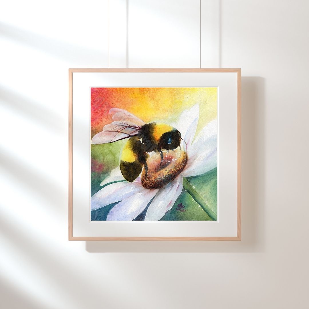 Bee Happy Bumble Bee painting part of dream and light collection Watercolor painting by Sophie Xie Dream In Watercolor. This stunning painting is available as a print on my website, http://www.dreaminwatercolor.com
