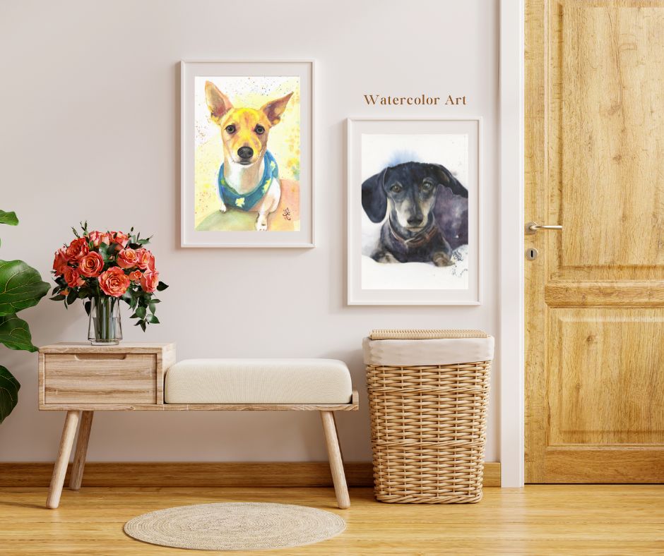 Two framed watercolor artworks of dogs on a wall with a small table, flowers, and basket in the foreground. Watercolor painting by Sophie Xie Dream In Watercolor. This stunning painting is available as a print on my website, http://www.dreaminwatercolor.com