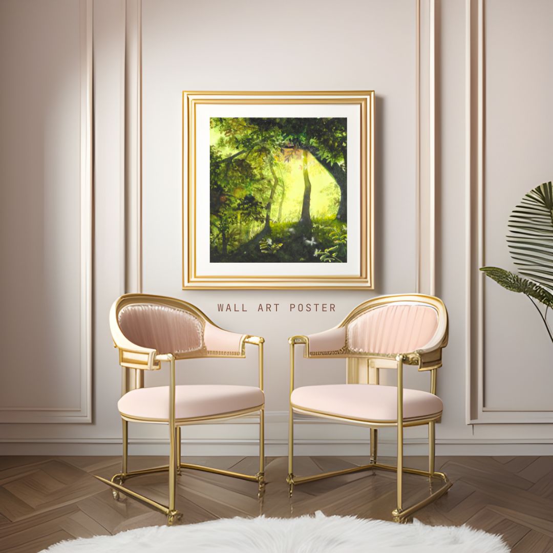 The artwork titled "Butterfly Forest" captures a breathtaking scene within a vibrant, lush forest. Sunlight filters gently through the thick canopy of branches and leaves, casting a warm glow on the forest floor. This illumination reveals a tapestry of delicate butterflies fluttering about.