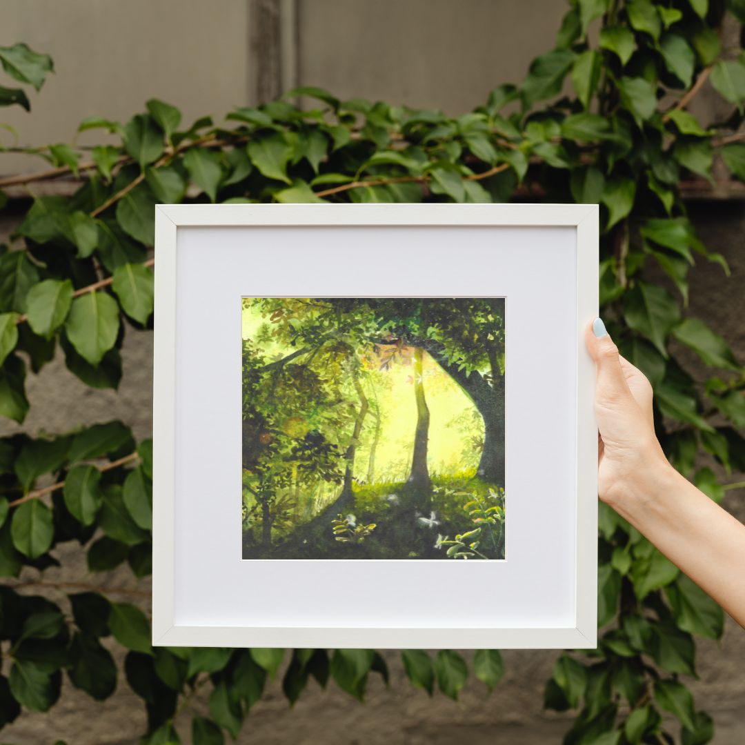 The artwork titled "Butterfly Forest" captures a breathtaking scene within a vibrant, lush forest. Sunlight filters gently through the thick canopy of branches and leaves, casting a warm glow on the forest floor. This illumination reveals a tapestry of delicate butterflies fluttering about.