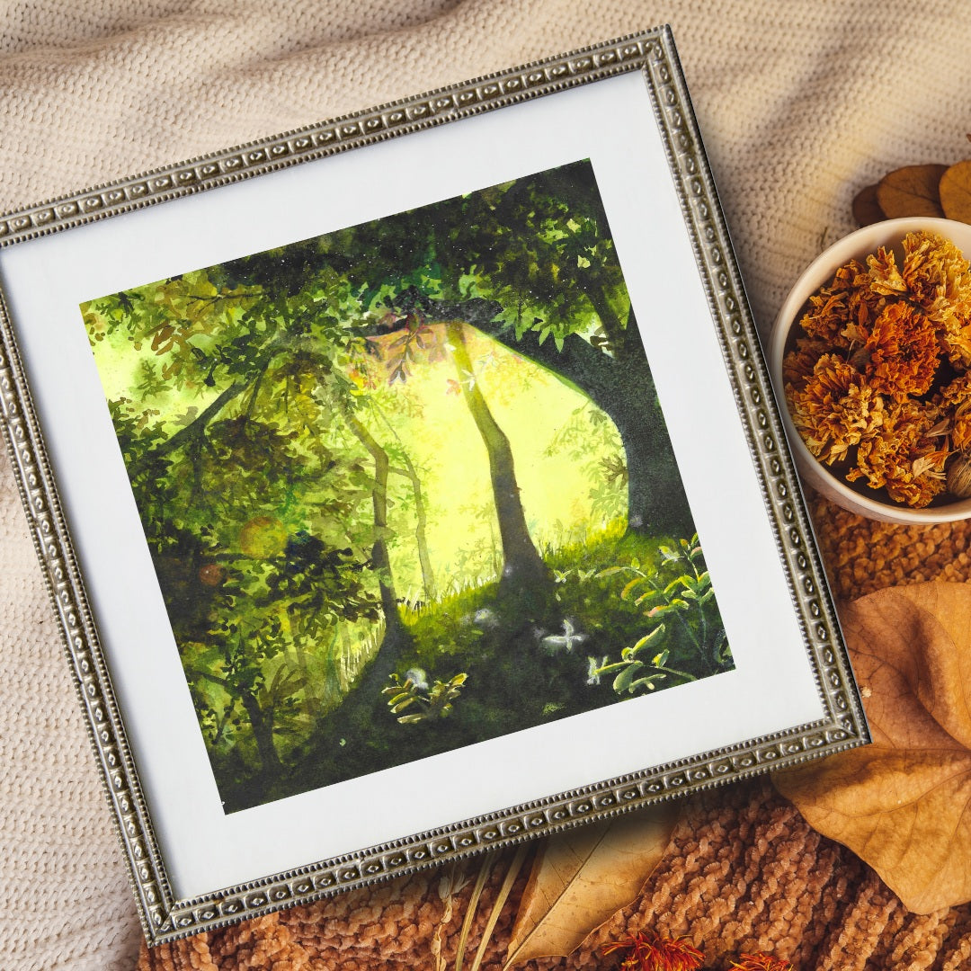 The artwork titled "Butterfly Forest" captures a breathtaking scene within a vibrant, lush forest. Sunlight filters gently through the thick canopy of branches and leaves, casting a warm glow on the forest floor. This illumination reveals a tapestry of delicate butterflies fluttering about.