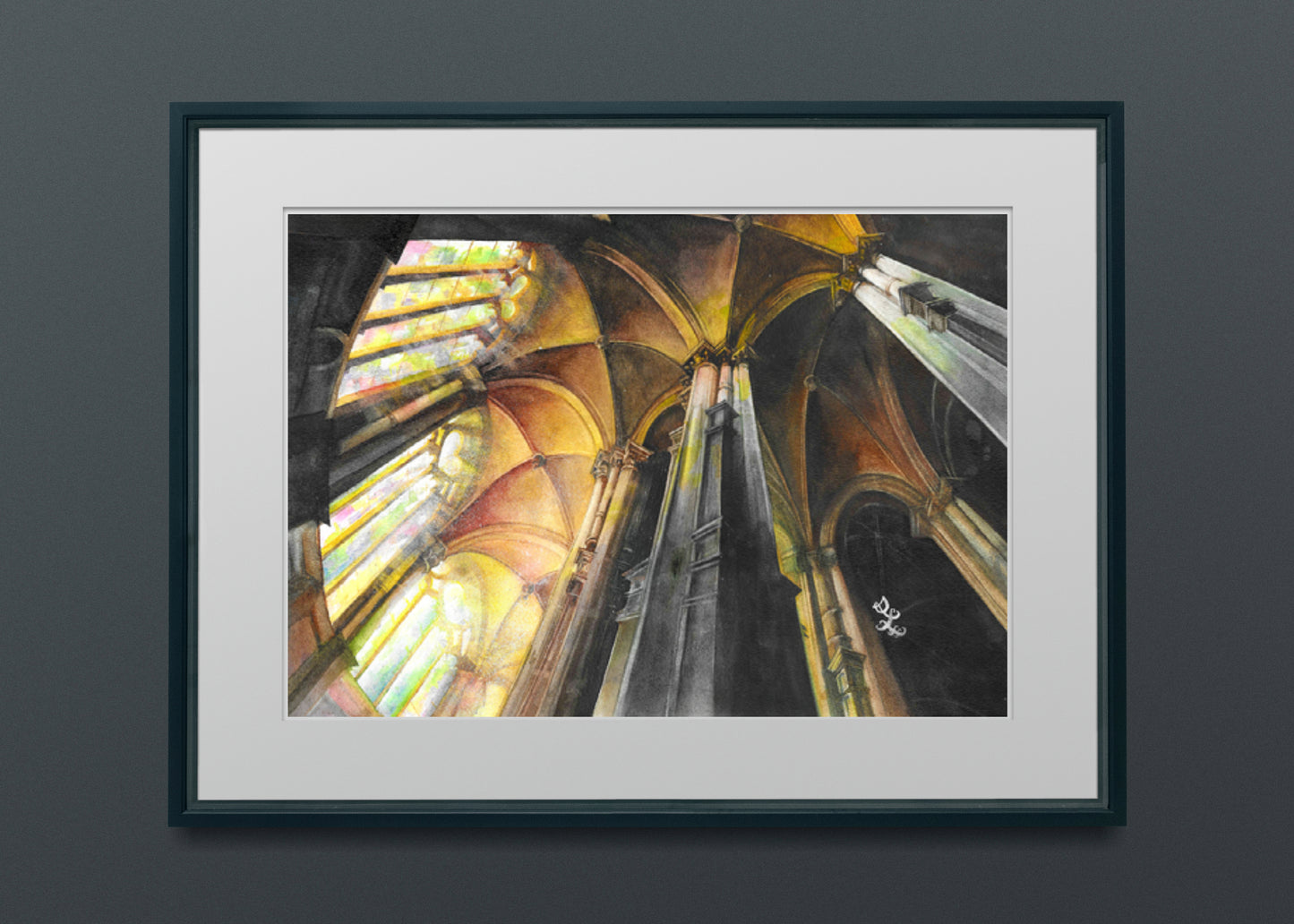 The artwork titled "Glory" captures the striking and intricate architecture of a medieval Gothic cathedral. Majestic spires and detailed stonework rise toward the sky, while vibrant light filters through the colorful stained glass windows, casting a kaleidoscope of hues across the interior. This interplay of architecture and light creates an awe-inspiring atmosphere, evoking a sense of reverence and wonder within the sacred space.