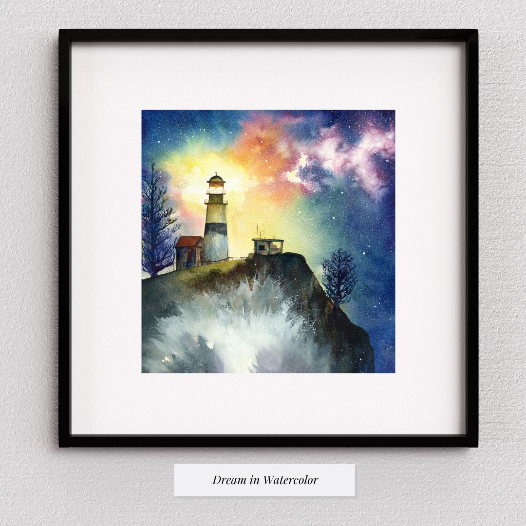 cape disappointment lighthouse painting as part of dream and light collection Watercolor painting by Sophie Xie Dream In Watercolor. This stunning painting is available as a print on my website, http://www.dreaminwatercolor.com.