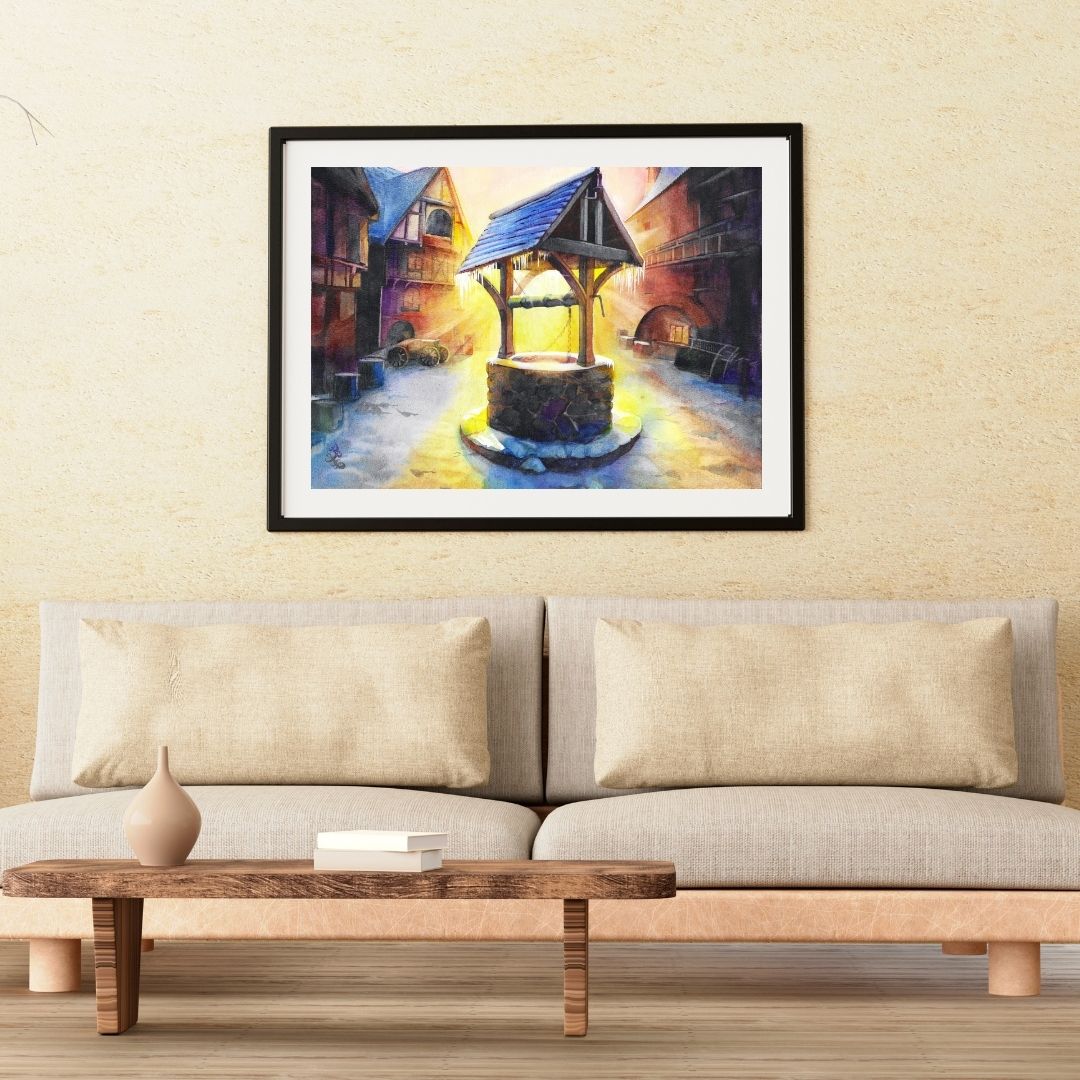 The piece titled "Morning" beautifully captures the hopeful sunrise casting a warm golden glow over a quaint medieval town square. As the first rays of sunlight break through the horizon, they illuminate the frosted rooftops and create a shimmering effect on the snow, evoking a sense of tranquility and new beginnings on this wintry morning.