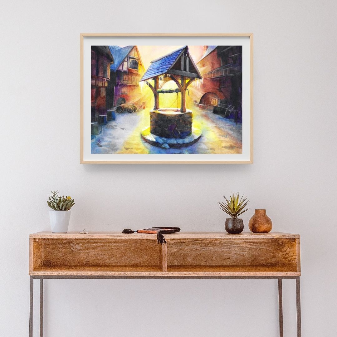 The piece titled "Morning" beautifully captures the hopeful sunrise casting a warm golden glow over a quaint medieval town square. As the first rays of sunlight break through the horizon, they illuminate the frosted rooftops and create a shimmering effect on the snow, evoking a sense of tranquility and new beginnings on this wintry morning.