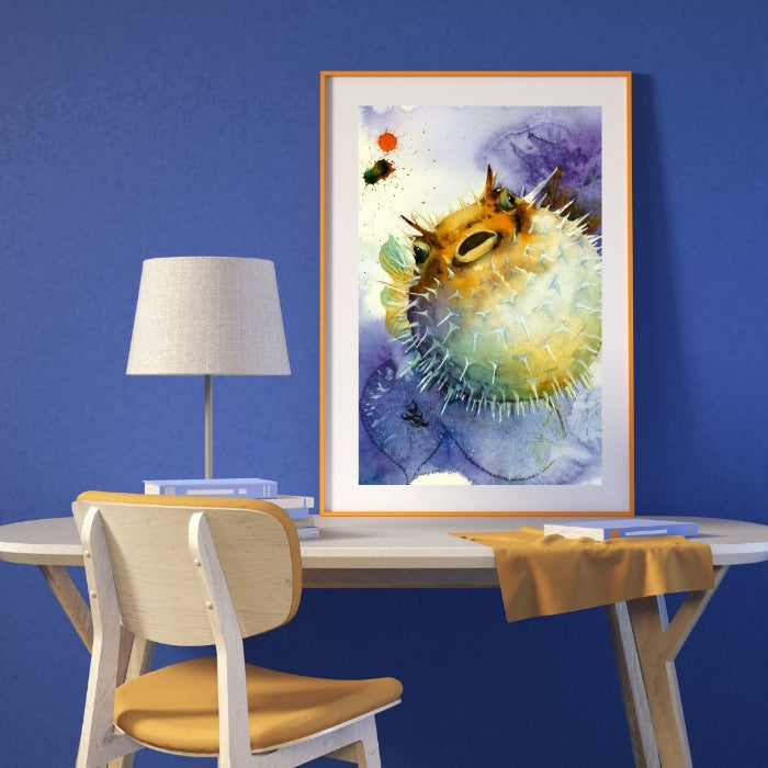 The artwork titled "Pufferfish" showcases a vividly humorous and somewhat grouchy pufferfish, set against a captivating abstract background inspired by the beauty of nature. Watercolor painting by Sophie Xie Dream In Watercolor. This stunning painting is available as a print on my website, http://www.dreaminwatercolor.com