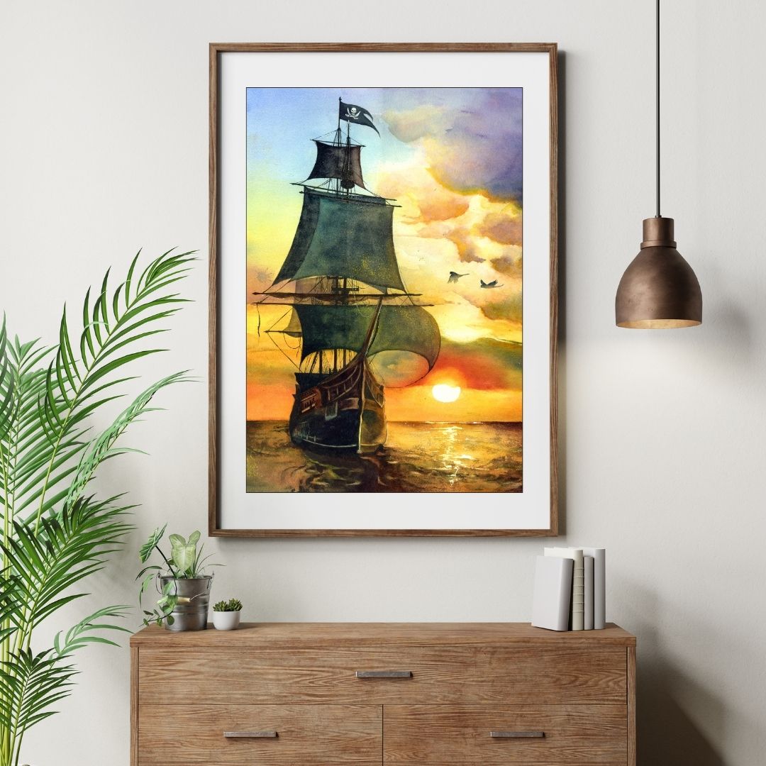 The artwork titled "Sail Away" depicts a grand Spanish galleon, its majestic sails billowing in the warm, golden hues of a breathtaking sunset. The ship, adorned with the iconic pirate flag, cuts through the tranquil waters as it embarks on an adventurous journey. Watercolor painting by Sophie Xie Dream In Watercolor. This stunning painting is available as a print on my website, http://www.dreaminwatercolor.com