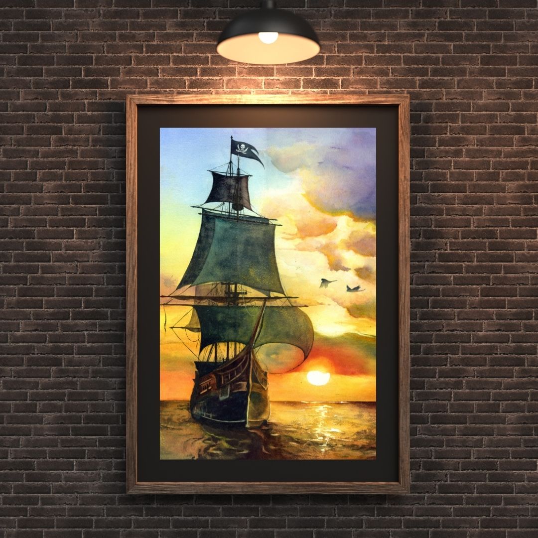 The artwork titled "Sail Away" depicts a grand Spanish galleon, its majestic sails billowing in the warm, golden hues of a breathtaking sunset. The ship, adorned with the iconic pirate flag, cuts through the tranquil waters as it embarks on an adventurous journey. Watercolor painting by Sophie Xie Dream In Watercolor. This stunning painting is available as a print on my website, http://www.dreaminwatercolor.com