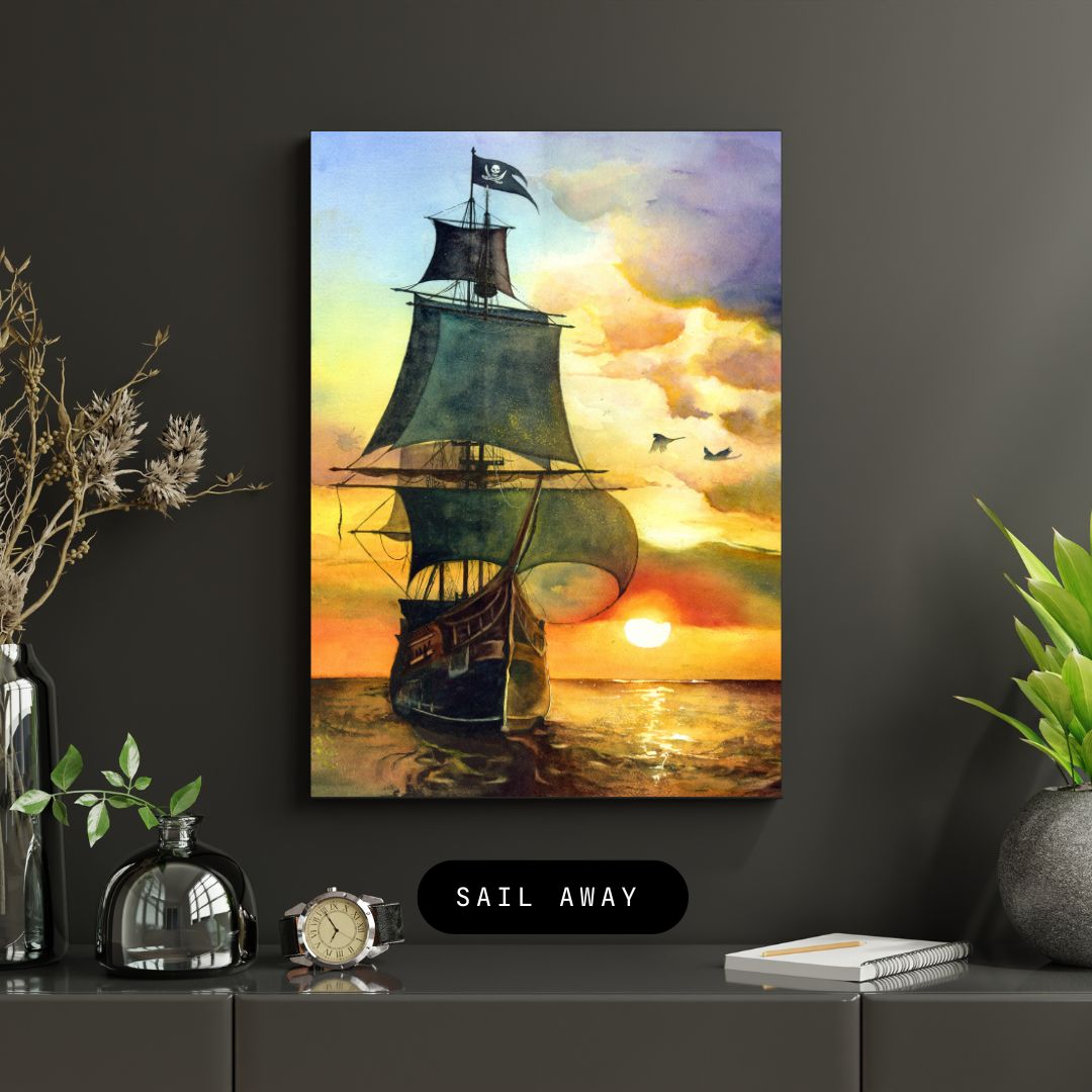 The artwork titled "Sail Away" depicts a grand Spanish galleon, its majestic sails billowing in the warm, golden hues of a breathtaking sunset. The ship, adorned with the iconic pirate flag, cuts through the tranquil waters as it embarks on an adventurous journey. Watercolor painting by Sophie Xie Dream In Watercolor. This stunning painting is available as a print on my website, http://www.dreaminwatercolor.com