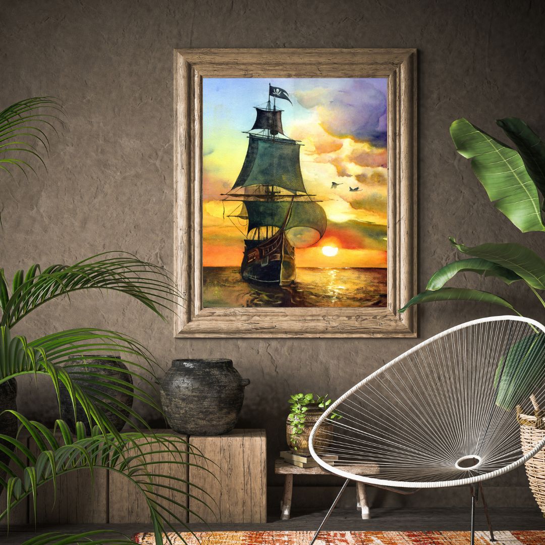 The artwork titled "Sail Away" depicts a grand Spanish galleon, its majestic sails billowing in the warm, golden hues of a breathtaking sunset. The ship, adorned with the iconic pirate flag, cuts through the tranquil waters as it embarks on an adventurous journey. Watercolor painting by Sophie Xie Dream In Watercolor. This stunning painting is available as a print on my website, http://www.dreaminwatercolor.com