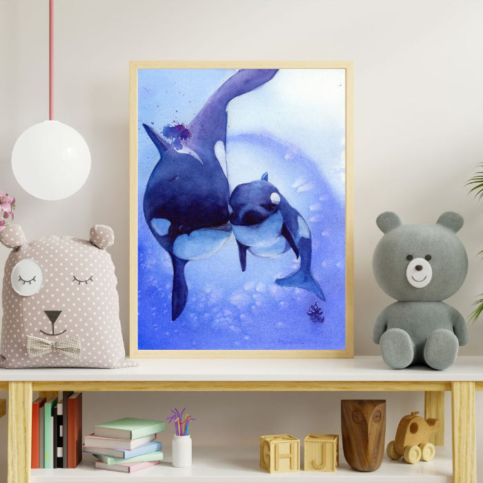 The artwork titled "Orcas: Mom and Me" is a whimsical watercolor painting of ocean creatures that celebrates the strong bond between an orca mother and her offspring. It's a great gift for Mother's Day or baby room. Watercolor painting by Sophie Xie Dream In Watercolor. This stunning painting is available as a print on my website, http://www.dreaminwatercolor.com