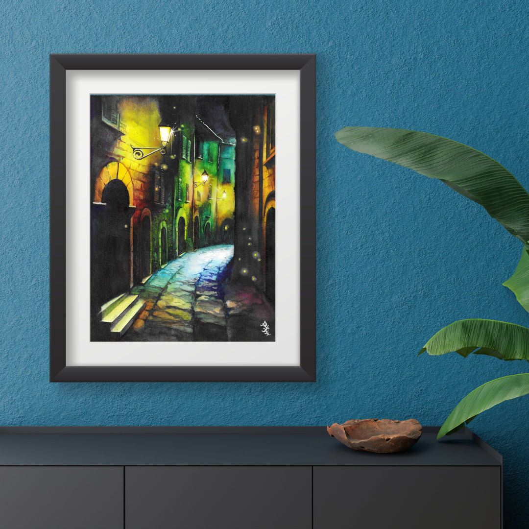 The piece titled "Alley" vividly captures the enchanting ambiance of a medieval town’s narrow alleyway on a lazy summer night. Soft beams from flickering fire lamps and glowing street lamps bathe the cobblestone path in a warm, golden light, creating a tranquil and almost magical atmosphere.&nbsp;