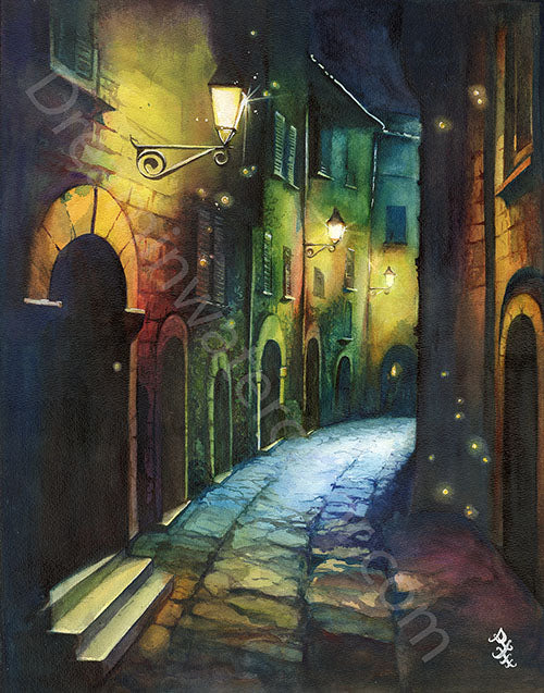 Painting of a narrow alleyway at night with streetlights and stone steps medieval story collection Watercolor painting by Sophie Xie Dream In Watercolor. This stunning painting is available as a print on my website, http://www.dreaminwatercolor.com