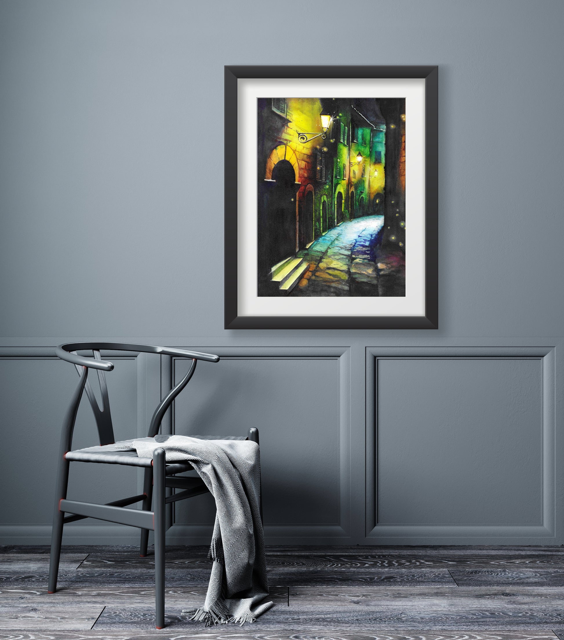 The piece titled "Alley" vividly captures the enchanting ambiance of a medieval town’s narrow alleyway on a lazy summer night. Soft beams from flickering fire lamps and glowing street lamps bathe the cobblestone path in a warm, golden light, creating a tranquil and almost magical atmosphere.&nbsp;