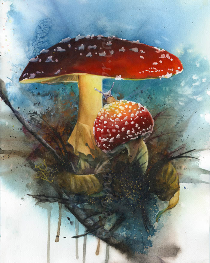 Illustration of two mushrooms with a red cap and white spots on a textured background. Amanita Watercolor painting by Sophie Xie Dream In Watercolor. This stunning painting is available as a print on my website, http://www.dreaminwatercolor.com