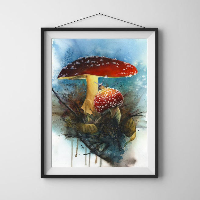 Illustration of two mushrooms with a red cap and white spots on a textured background. Amanita Watercolor painting by Sophie Xie Dream In Watercolor. This stunning painting is available as a print on my website, http://www.dreaminwatercolor.com