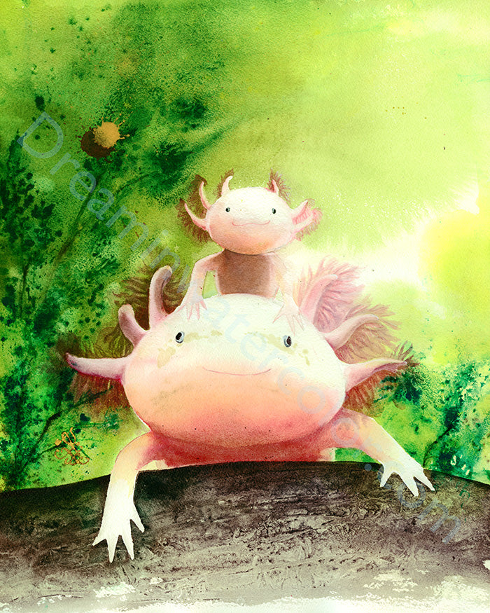The artwork entitled "Axolotls: Mom and Me" features a vibrant and whimsical watercolor painting that captures the  an adult axolotl and a playful young one curiously peeking over log. Watercolor painting by Sophie Xie Dream In Watercolor dreaminwatercolor.com