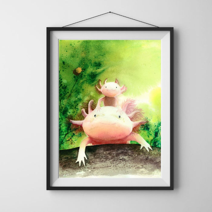 The artwork entitled "Axolotls: Mom and Me" features a vibrant and whimsical watercolor painting that captures the  an adult axolotl and a playful young one curiously peeking over log. Watercolor painting by Sophie Xie Dream In Watercolor dreaminwatercolor.com
