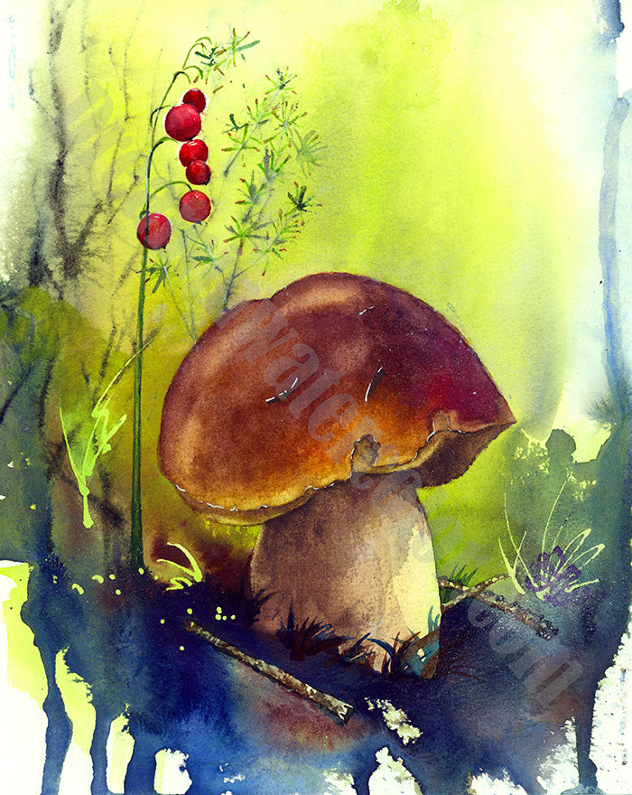 Bolete / penny bun mushroom Watercolor painting by Sophie Xie Dream In Watercolor. This stunning painting is available as a print on my website, http://www.dreaminwatercolor.com