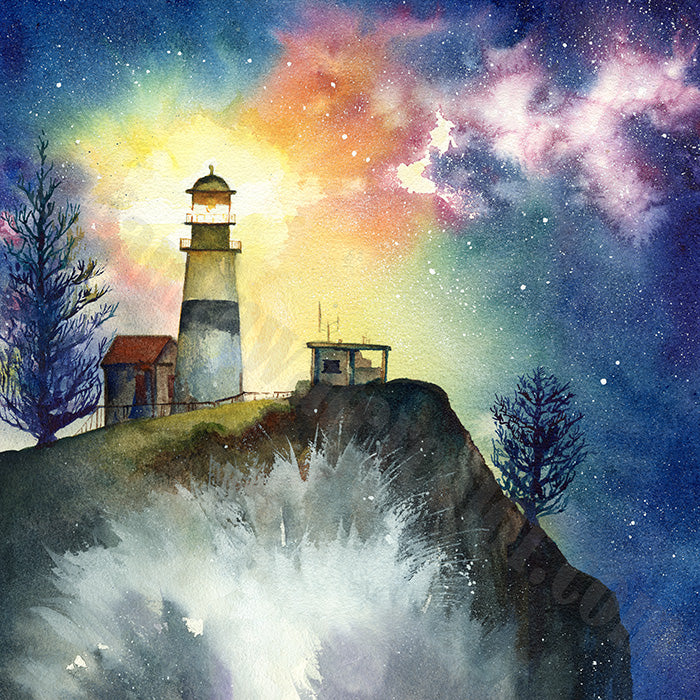 cape disappointment lighthouse painting as part of dream and light collection Watercolor painting by Sophie Xie Dream In Watercolor. This stunning painting is available as a print on my website, http://www.dreaminwatercolor.com.