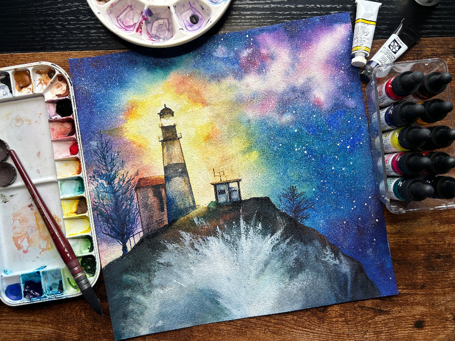 cape disappointment lighthouse painting as part of dream and light collection Watercolor painting by Sophie Xie Dream In Watercolor. This stunning painting is available as a print on my website, http://www.dreaminwatercolor.com.