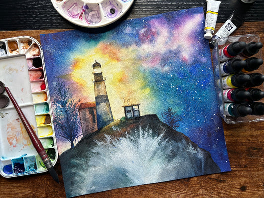 cape disappointment lighthouse painting as part of dream and light collection Watercolor painting by Sophie Xie Dream In Watercolor. This stunning painting is available as a print on my website, http://www.dreaminwatercolor.com.