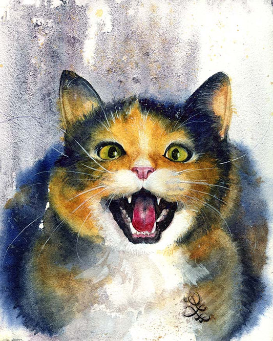 Artistic depiction of a calico cat with an open mouth on a textured background Black Cat portrait Watercolor painting by Sophie Xie Dream In Watercolor. This stunning painting is available as a print on my website, http://www.dreaminwatercolor.com