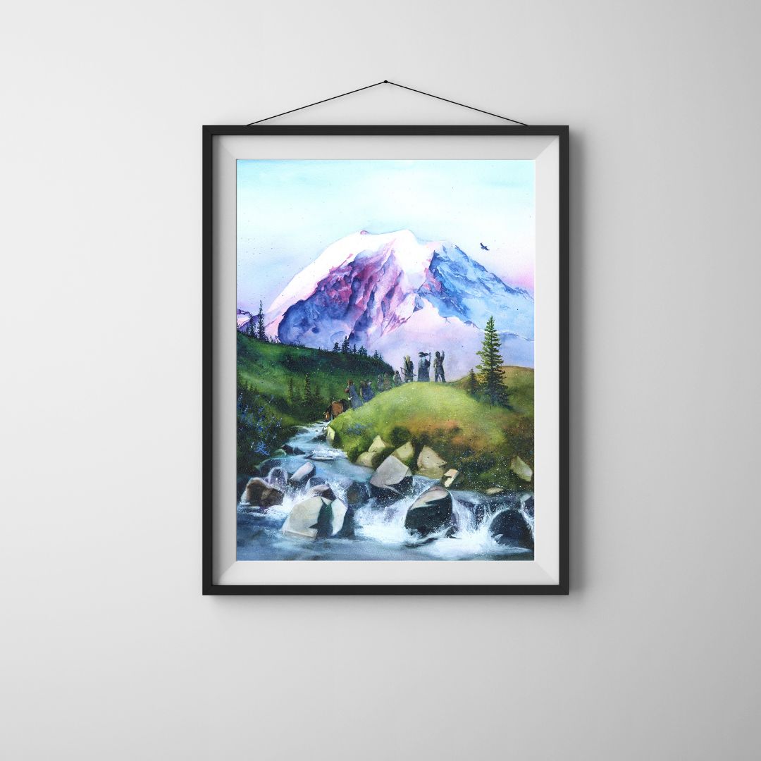 Painting of a mountain landscape with a stream and trees, Fellowship of the Ring #lotf painting Watercolor painting by Sophie Xie Dream In Watercolor. This stunning painting is available as a print on my website, http://www.dreaminwatercolor.com