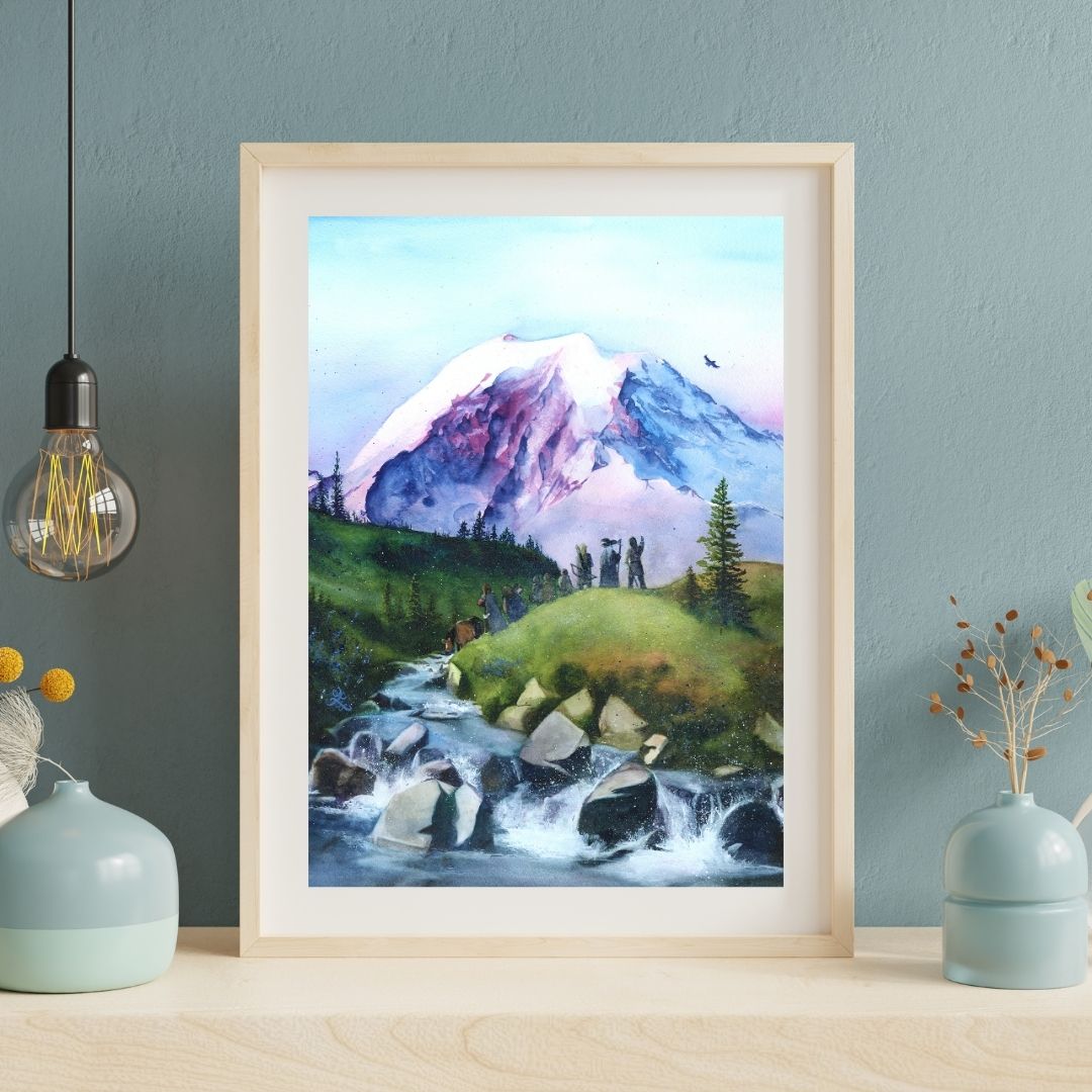 Painting of a mountain landscape with a stream and trees, Fellowship of the Ring #lotf painting Watercolor painting by Sophie Xie Dream In Watercolor. This stunning painting is available as a print on my website, http://www.dreaminwatercolor.com