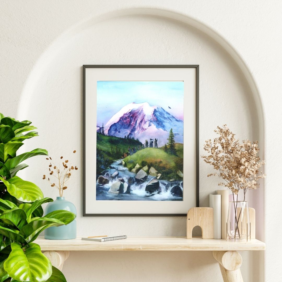Painting of a mountain landscape with a stream and trees, Fellowship of the Ring #lotf painting Watercolor painting by Sophie Xie Dream In Watercolor. This stunning painting is available as a print on my website, http://www.dreaminwatercolor.com