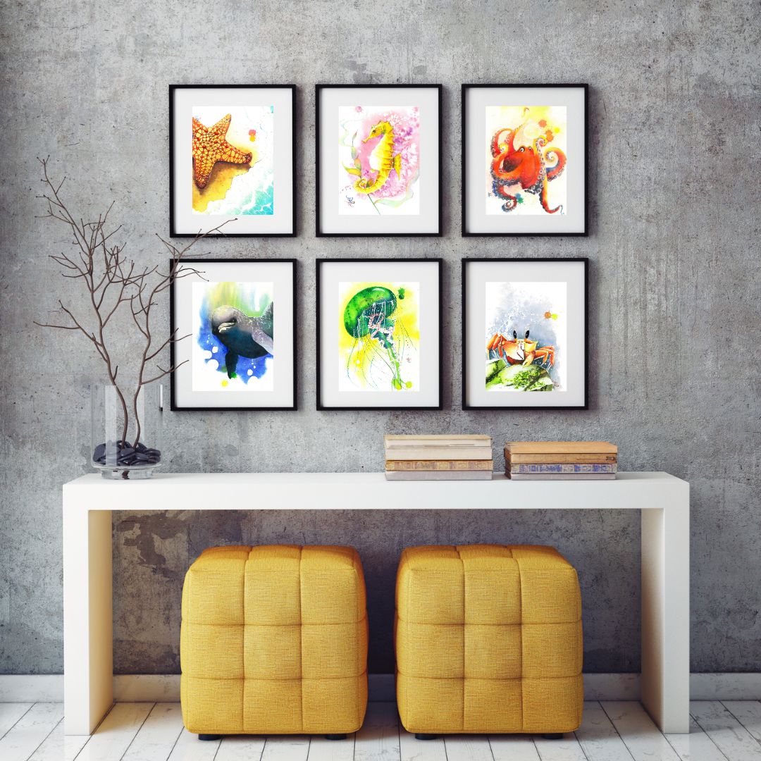 The Ocean Collection features watercolor artworks that illustrate whimsical ocean animals in a variety of color themes.