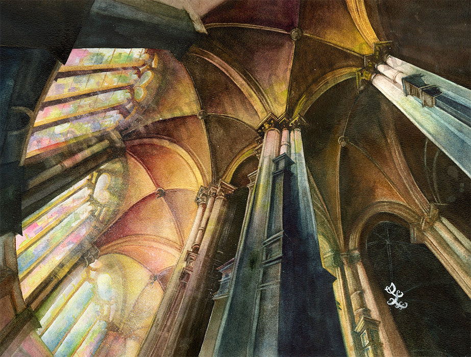 The artwork titled "Glory" captures the striking and intricate architecture of a medieval Gothic cathedral. Watercolor painting by Sophie Xie Dream In Watercolor. This stunning painting is available as a print on my website, http://www.dreaminwatercolor.com