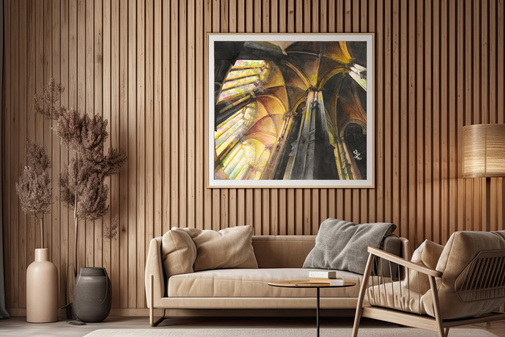 The artwork titled "Glory" captures the striking and intricate architecture of a medieval Gothic cathedral. Majestic spires and detailed stonework rise toward the sky, while vibrant light filters through the colorful stained glass windows, casting a kaleidoscope of hues across the interior. This interplay of architecture and light creates an awe-inspiring atmosphere, evoking a sense of reverence and wonder within the sacred space.